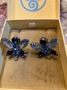 Blue Crystal Flower Clip-On Earrings - Women's Jewelry